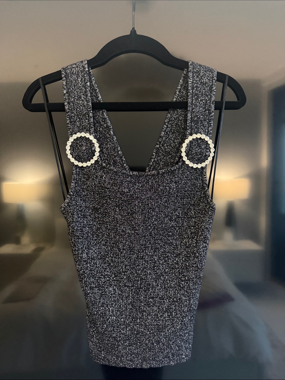 Bar III Black & Silver Sparkle Tank Dress with Pearl Ring Straps